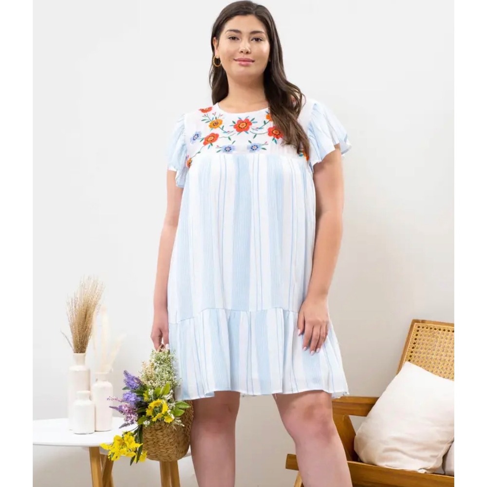 Perch by Blu Pepper Womens 3XL Blue Striped Floral Embroidered Babydoll Dress